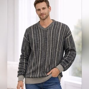 Made In Italy Wool Sweater J. Ferrar Knit V Neck Medium Large Striped Gray Beige